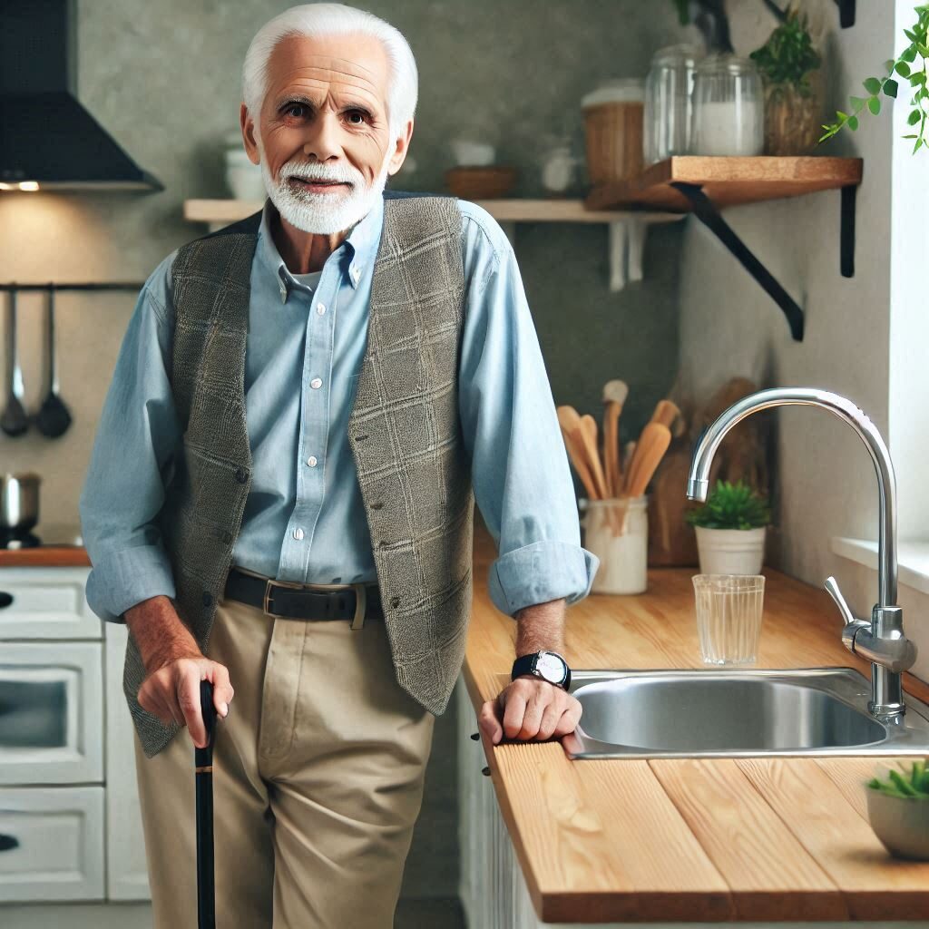 a senior with a cane standing at the kitchen sink